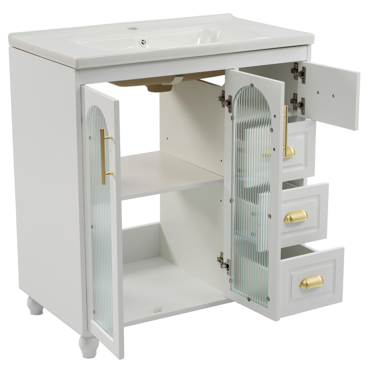 BADEZIMMERSCHRANK mit Becken 80x47x90 cm Weiß aus Porzellan & MDF mit 2 Schränken & 3 Schubladen - Weiß, Holzwerkstoff (80/90/47cm) - Modfu