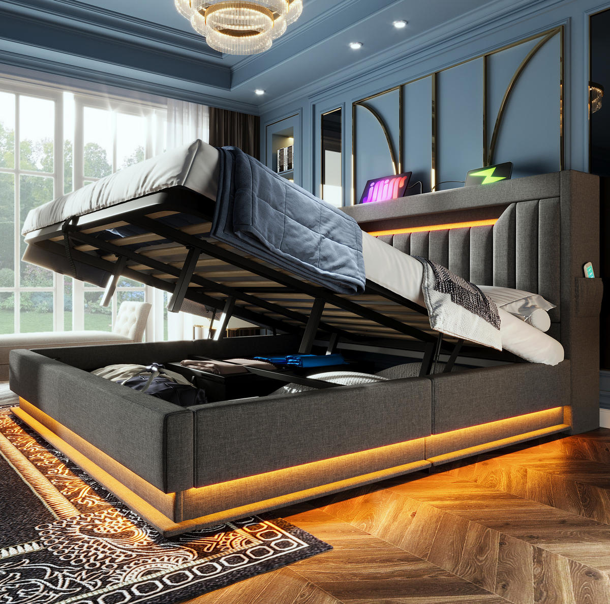 POLSTERBETT mit Stauraum und LED 180x200 cm Leinen Grau - Grau, Metall (180/200cm) - Meubliv