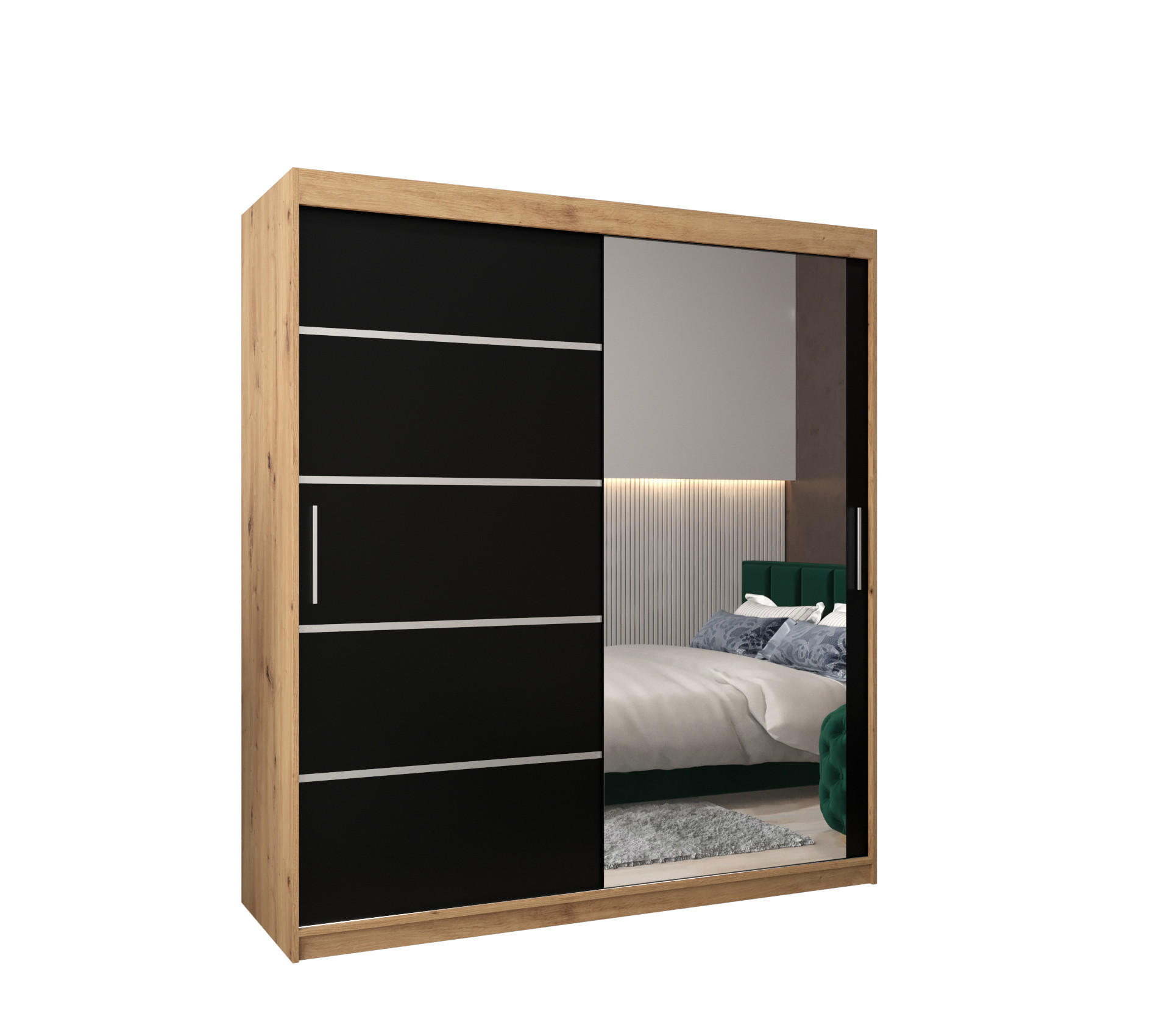 Abiks Möbel Schwebetürenschrank Eiche Artisan, Schwarz, Silber 180x200x62 cm