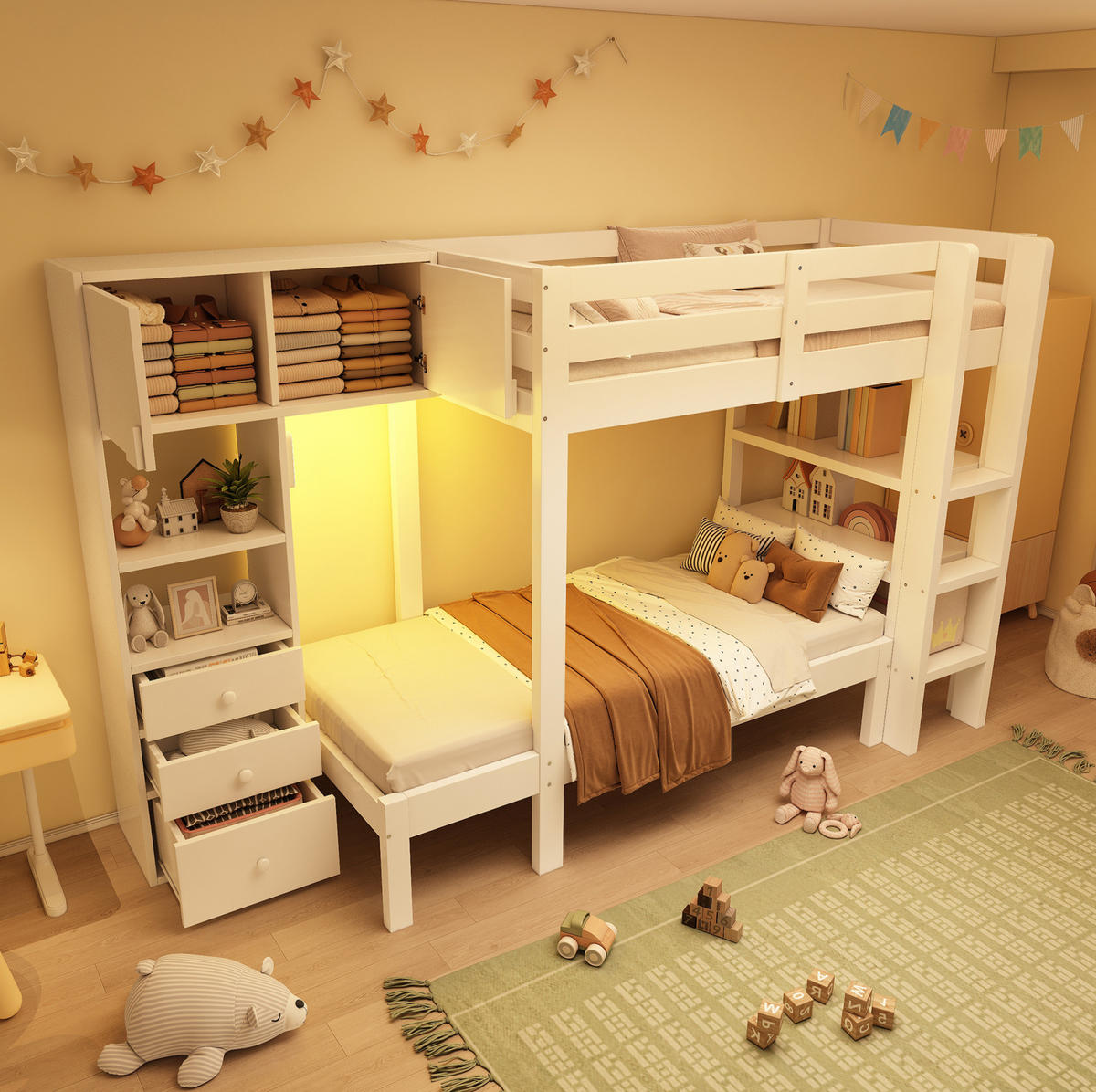ETAGENBETT 90/200 cm in Weiß mit Schrank, Regal und LED-Nachtlicht - Weiß, Metall (90/200cm) - BEAOK