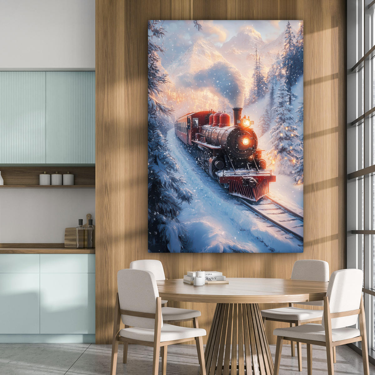 OBRAZ NA PLÁTNĚ Vánoční vlak - Sníh - Zima - Vánoce 90x140 cm - tmavě červená, textil (90/140cm) - MuchoWow