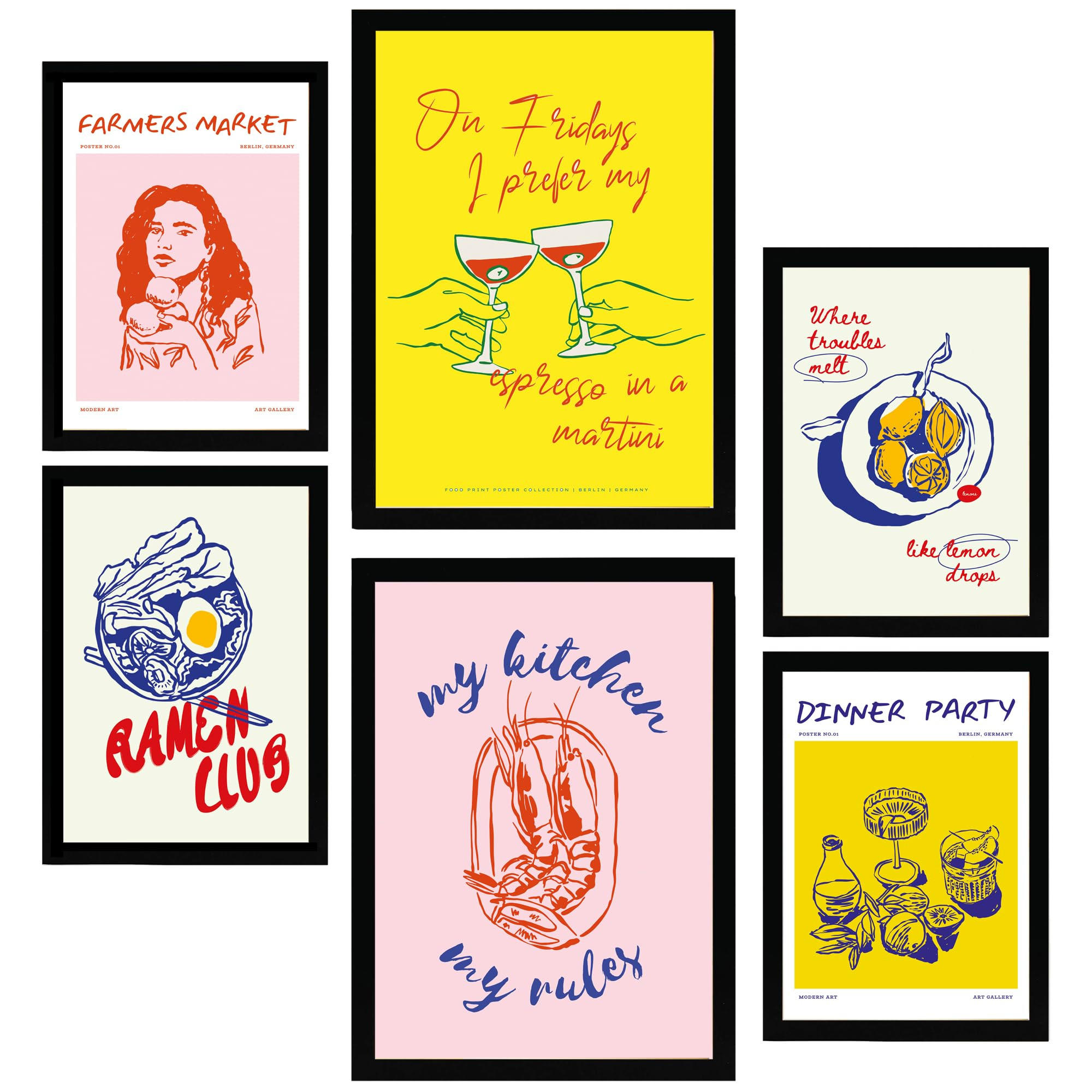 POSTER Set Mit 6 Von Lebensmitteln & Wein Im Pop Art A3 & A4 Schwarzer Rahmen - Schwarz, Papier (29/3cm) - Nacnic