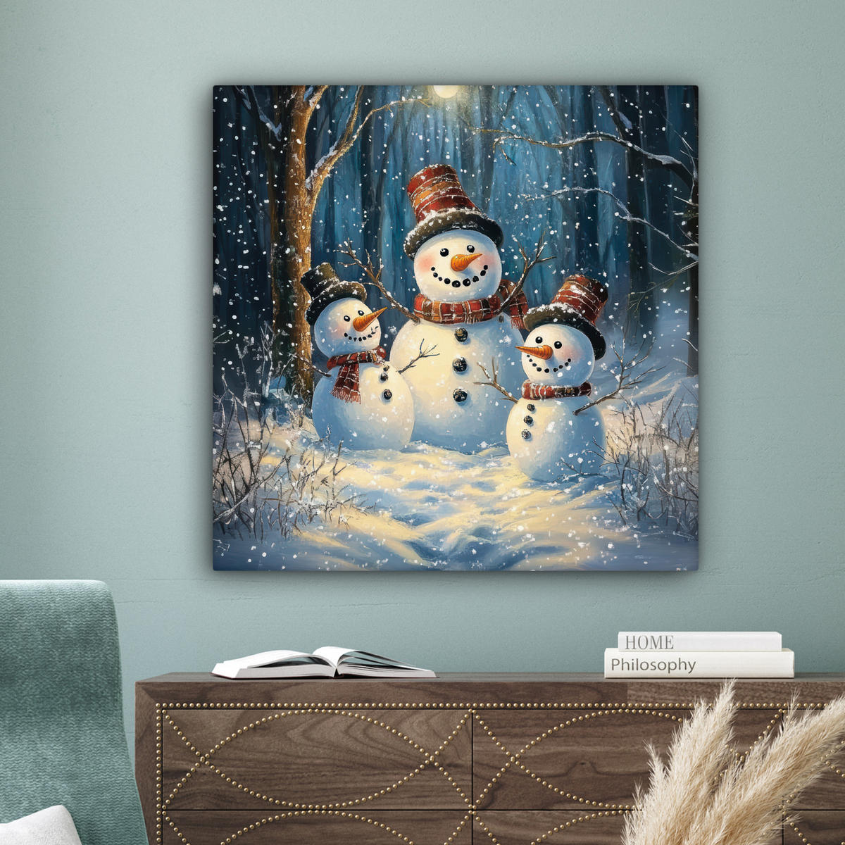 LEINWANDBILD Schneemann - Schnee - Winter - Wald 90x90 cm - Hellblau, Textil (90/90cm) - MuchoWow