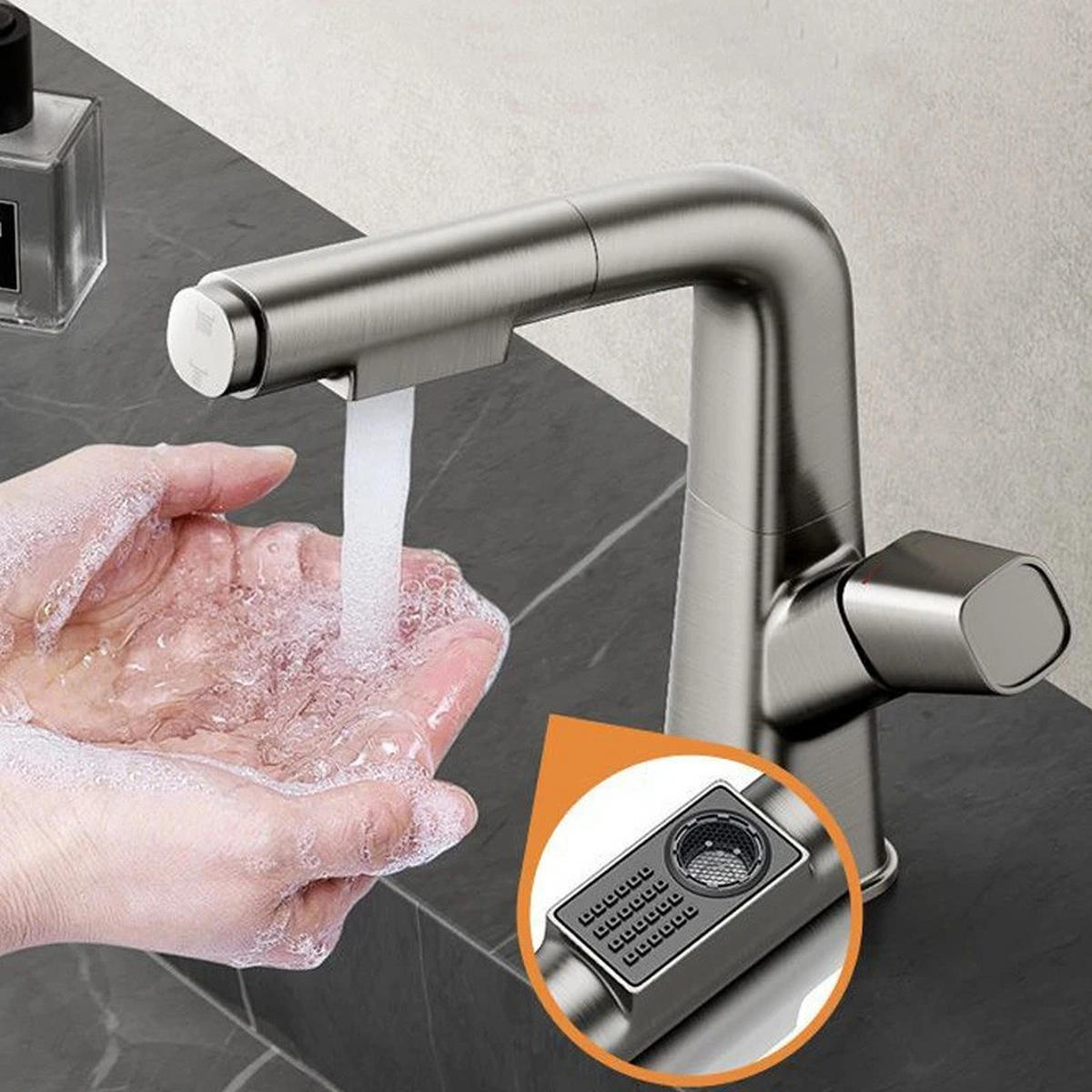 WASCHTISCHARMATUR herausziehbarer Wasserfall-Auslauf, heißes kaltes Wasser, Grau - Grau, Metall (19/24.5/5cm) - Kaket