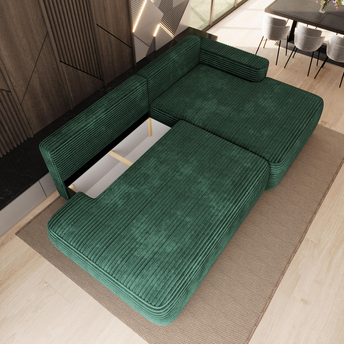 ECKSOFA AVINI T R-S Grün Kordstoff mit Schlaffunktion - Grün, Holzwerkstoff/Textil (277/160cm) - MASSENO