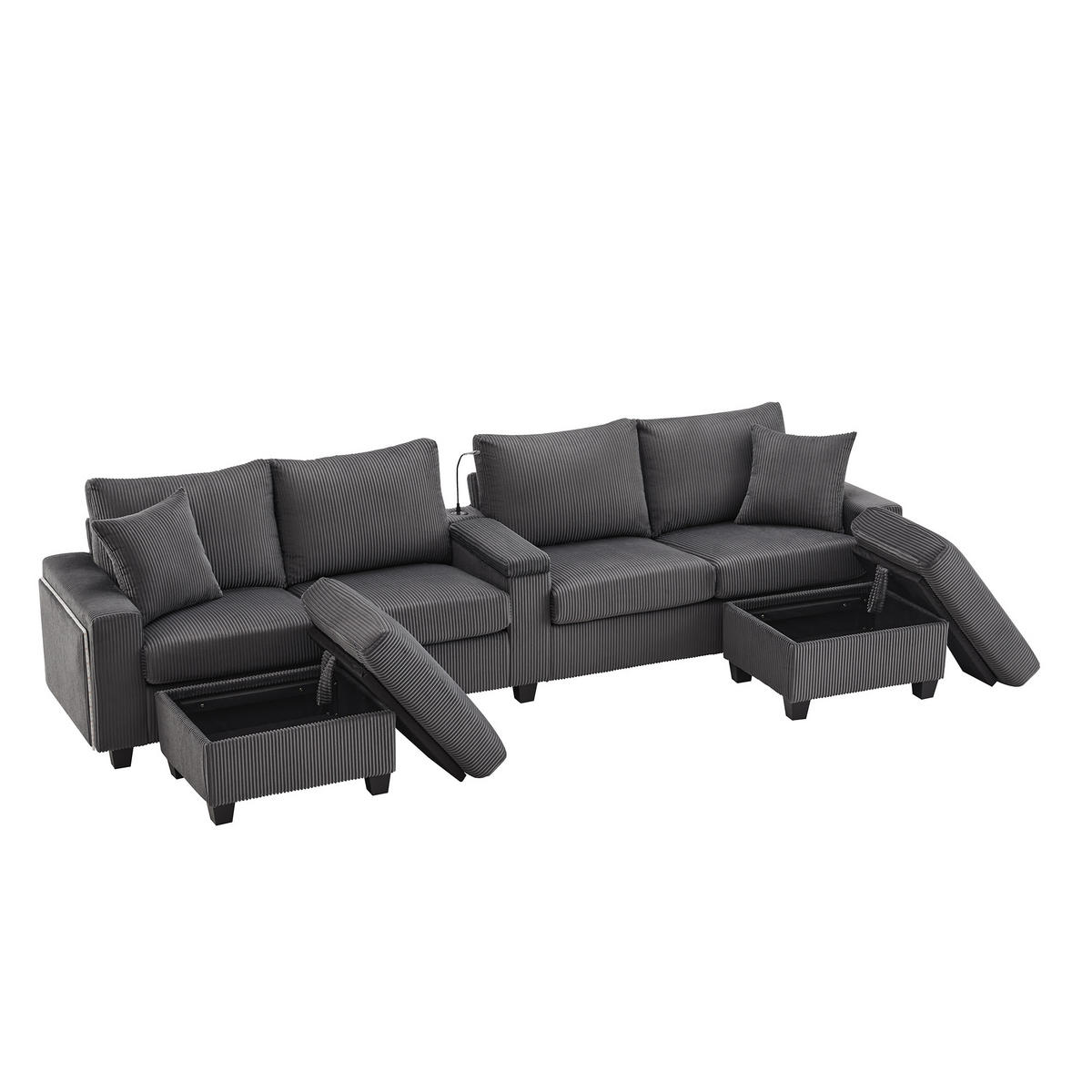 ECKSOFA aus Cord in Grau mit LED-Beleuchtung & smarten USB-Anschlüssen - Grau, Textil (128.5/334cm) - Urban Meuble