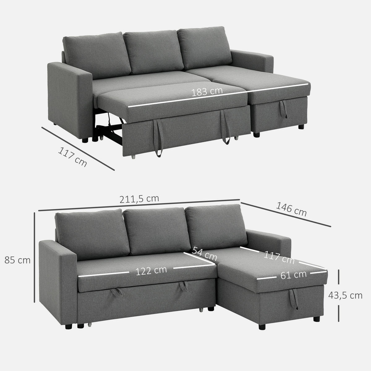 ECKSOFA mit Schlaffunktion Stauraum Eckcouch mit Chaiselongue Schlafsofa L-Form - Hellgrau/Schwarz, Kunststoff/Textil (146/211.5cm) - HOMCOM