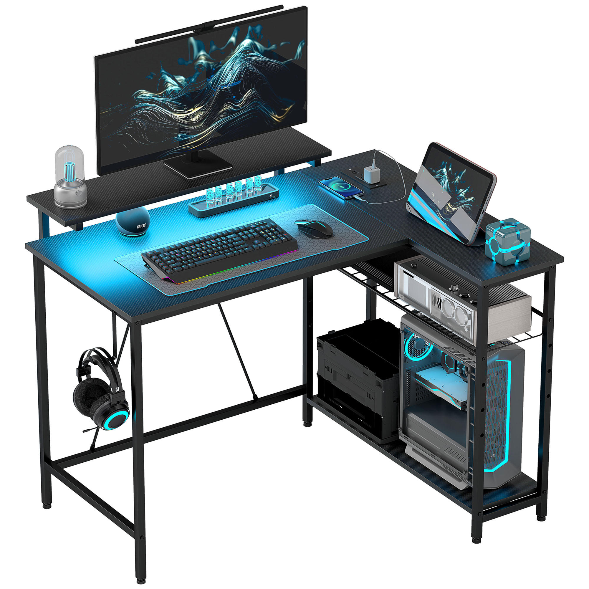 ECKSCHREIBTISCH DE-14907 mit LED, USB & Steckdosen Schwarz - Schwarz, Holzwerkstoff (107/80/90cm) - ComfortXL
