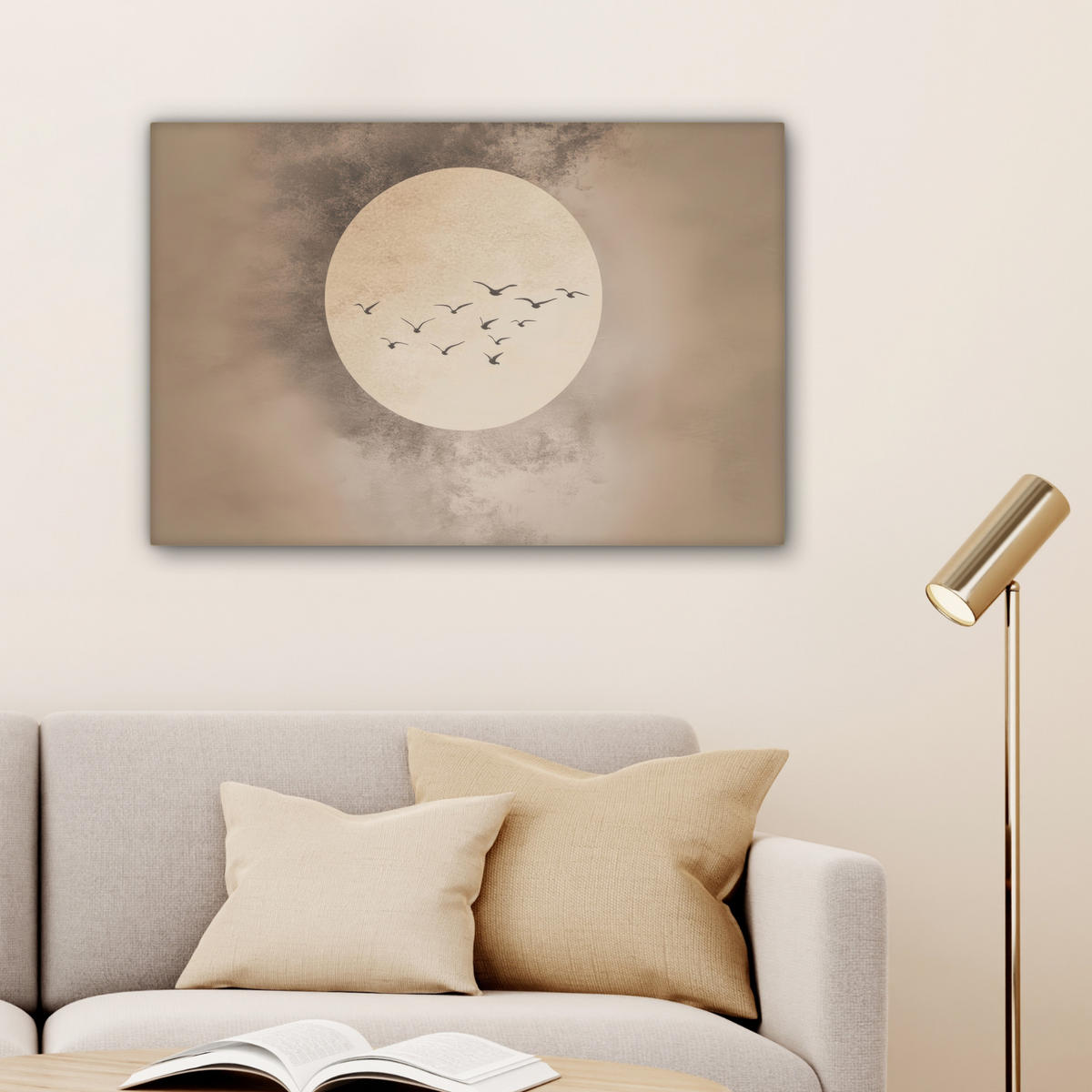 LEINWANDBILD Vogel - Beige - Japanisch Wanddeko 90x60 cm - Taupe, Textil (90/60cm) - MuchoWow