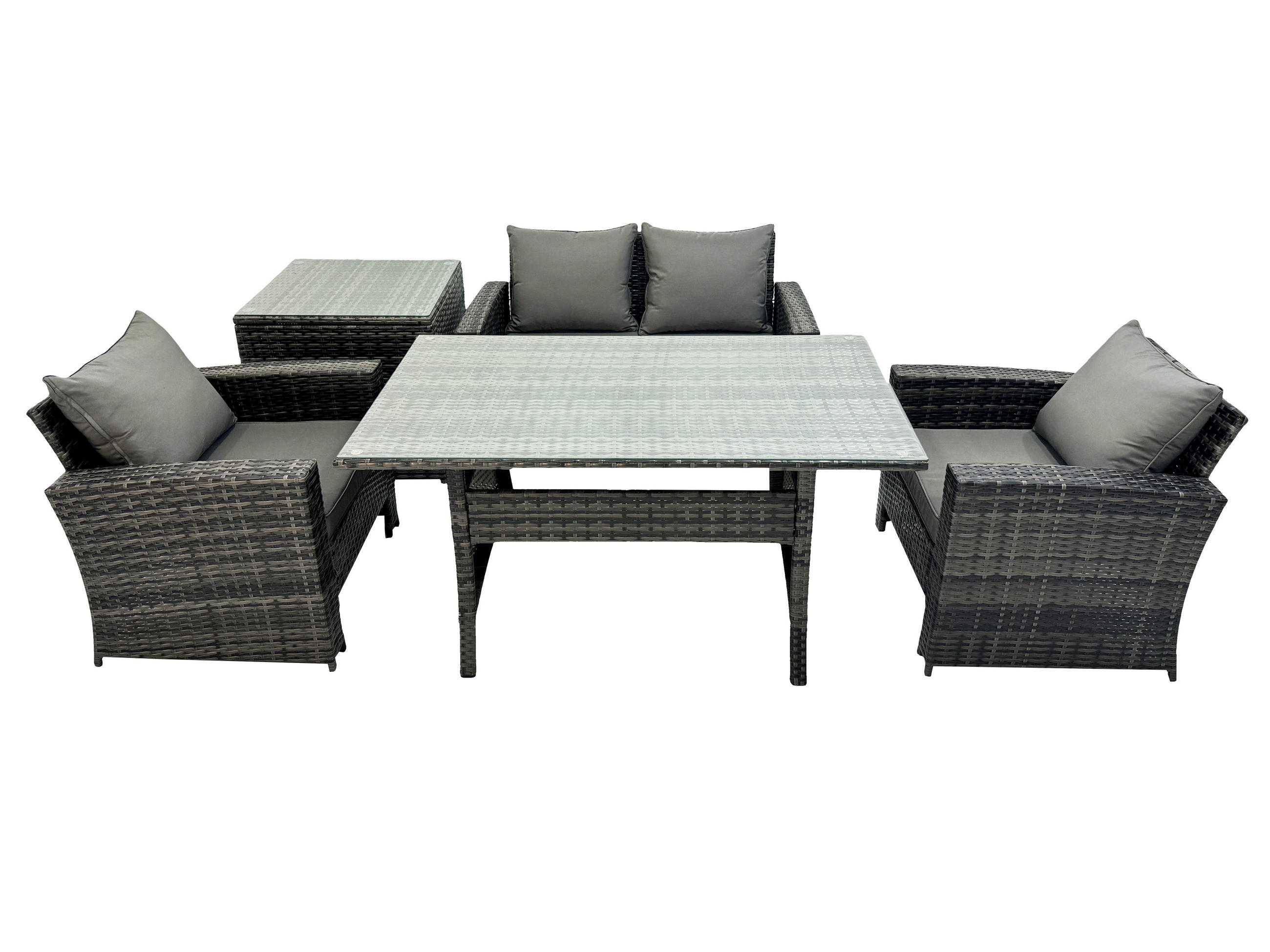 GARTENMÖBELSET mit 2 Sesseln,Zweisitzer,Esstisch,Beistelltisch Polyrattan Dunkelgrau 4-Sitzer - Dunkelgrau/Grau, Glas/Kunststoff - Fimous