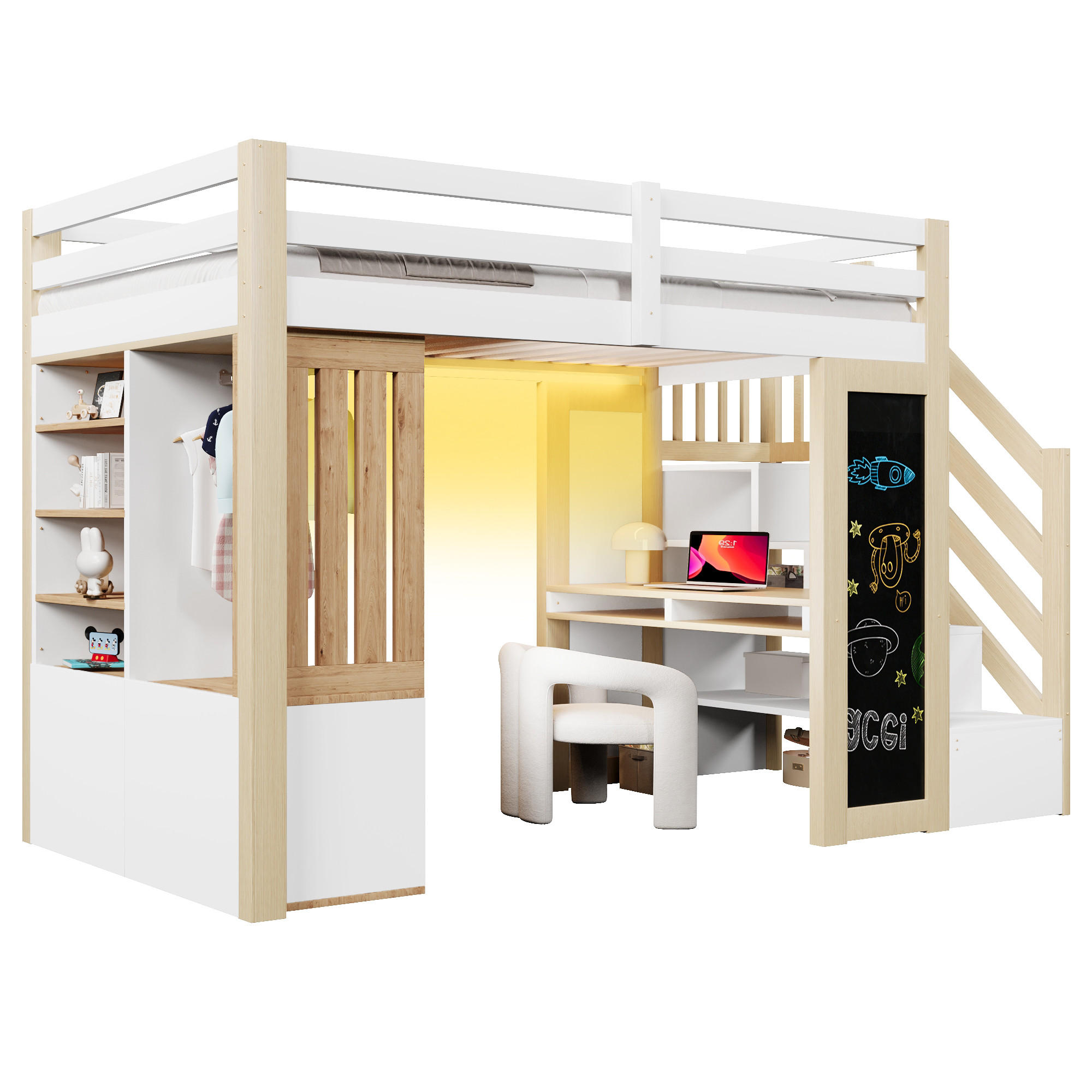 HOCHBETT 90/200 cm in Weiß & Natur mit Schreibtisch, Kleiderschrank und LED - Weiß/Naturfarben, Holz/Holzwerkstoff (90/200cm) - WISHDOR