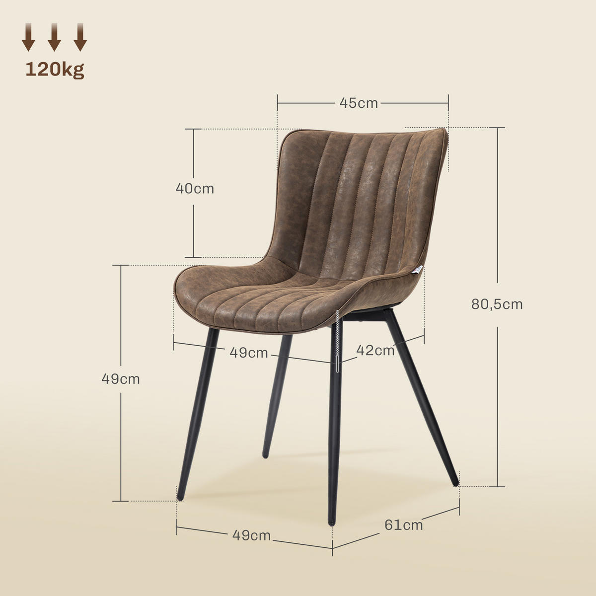 ESSZIMMERSTÜHLE 2er-Set DE-13240 modernes Design mit Steppung Braun - Braun, Metall (61/80.5/49cm) - ComfortXL