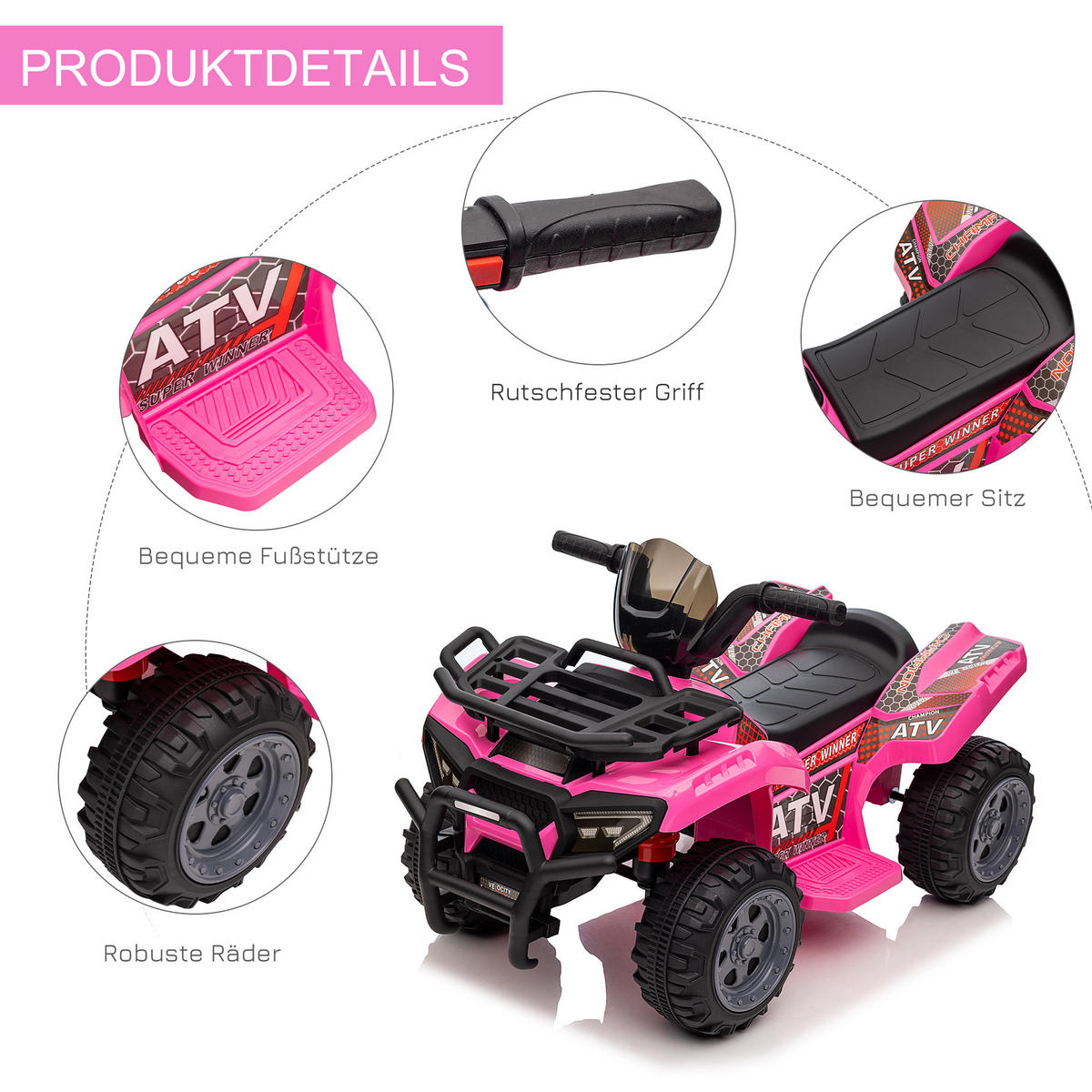 MINI ELEKTRO-QUAD KINDER, Schwarz/Grün/Rosa/Rot, Metall+ PP-Kunststoff - Rosa, Metall (70/42/45cm) - HOMCOM