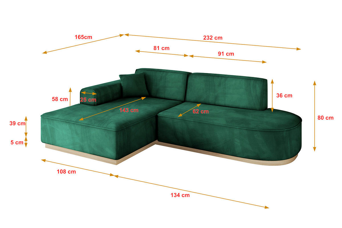 ECKSOFA Ottomane Links IREA-L1 - 232x165x80 cm Grün - Dunkelgrün, Holzwerkstoff/Textil (232/165cm) - ALTDECOR