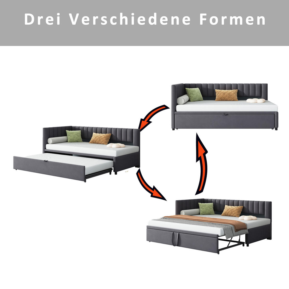 AUSZIEHBETT 90/180/200 cm DE-01921, in Dunkelgrau, mit L-förmigem Design - Dunkelgrau, Holzwerkstoff (90/200cm) - ComfortXL