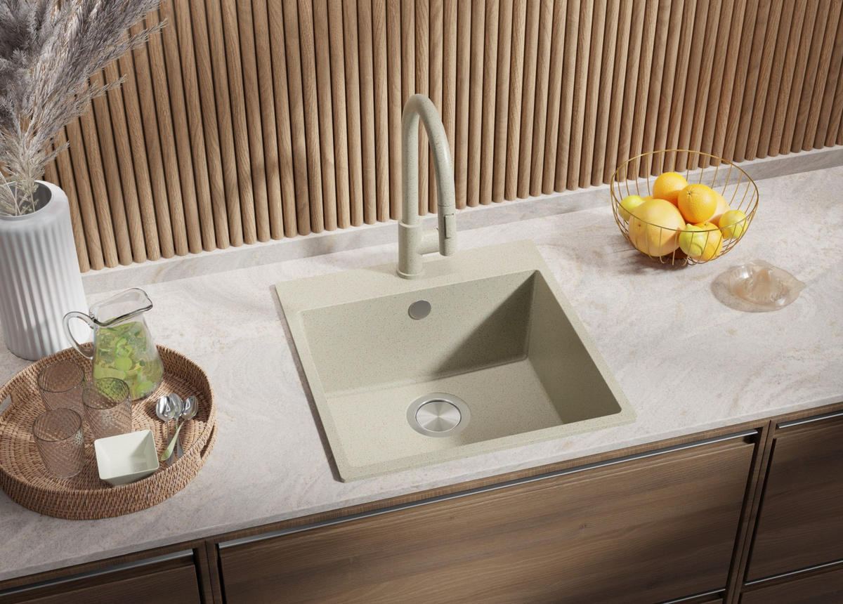 GRANITSPÜLE Riga, 2-er set Beige 48/50 cm 1 Becken + Küchenarmatur 32/20 cm + Ablauf-Set ab 50er Unterschrank - Beige, Kunststoff (48/20/50cm) - Primagran