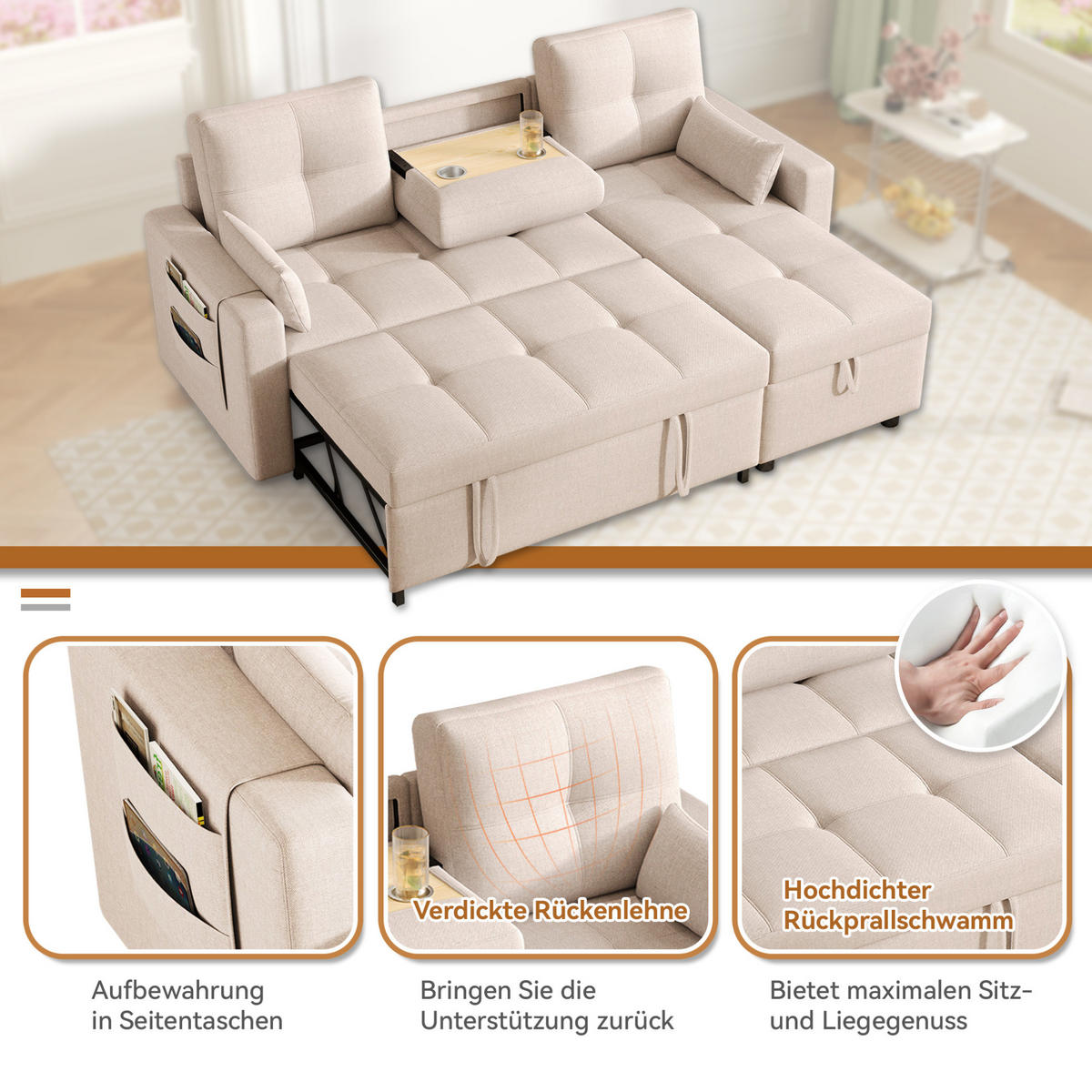 SCHLAFSOFA 211/136 cm in Beige – mit Bettkasten und Chaiselongue - Beige, Textil (136/87/211cm) - BEAOK