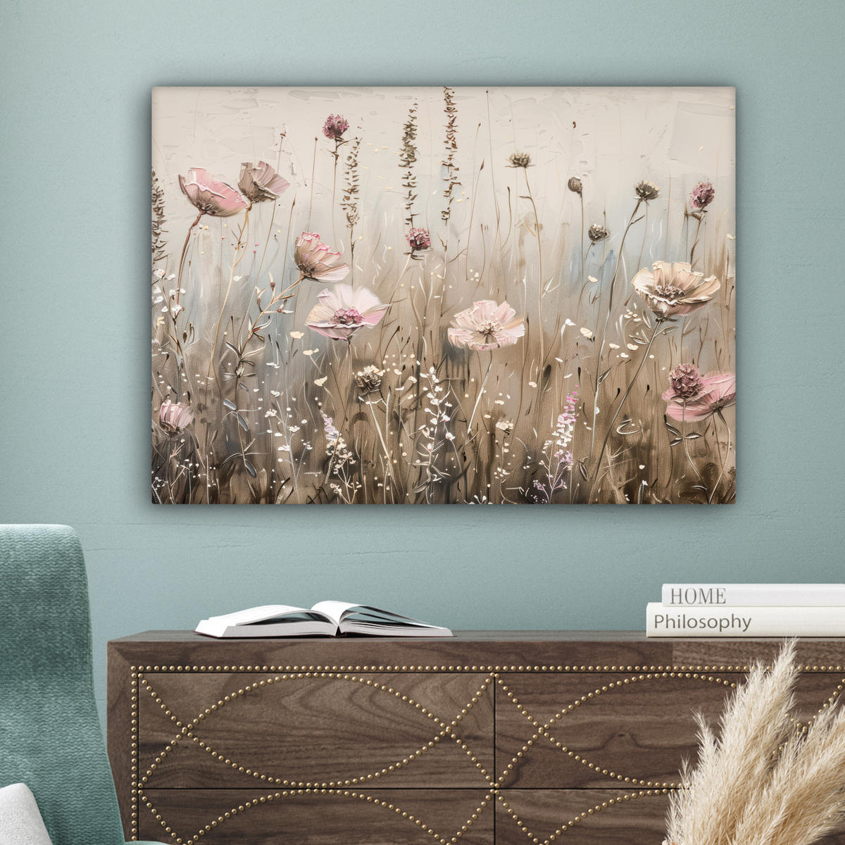 LEINWANDBILD Blumen - Rosa - Modern - Beige Wandbilder 80x60 cm - Beige, Textil (80/60cm) - MuchoWow