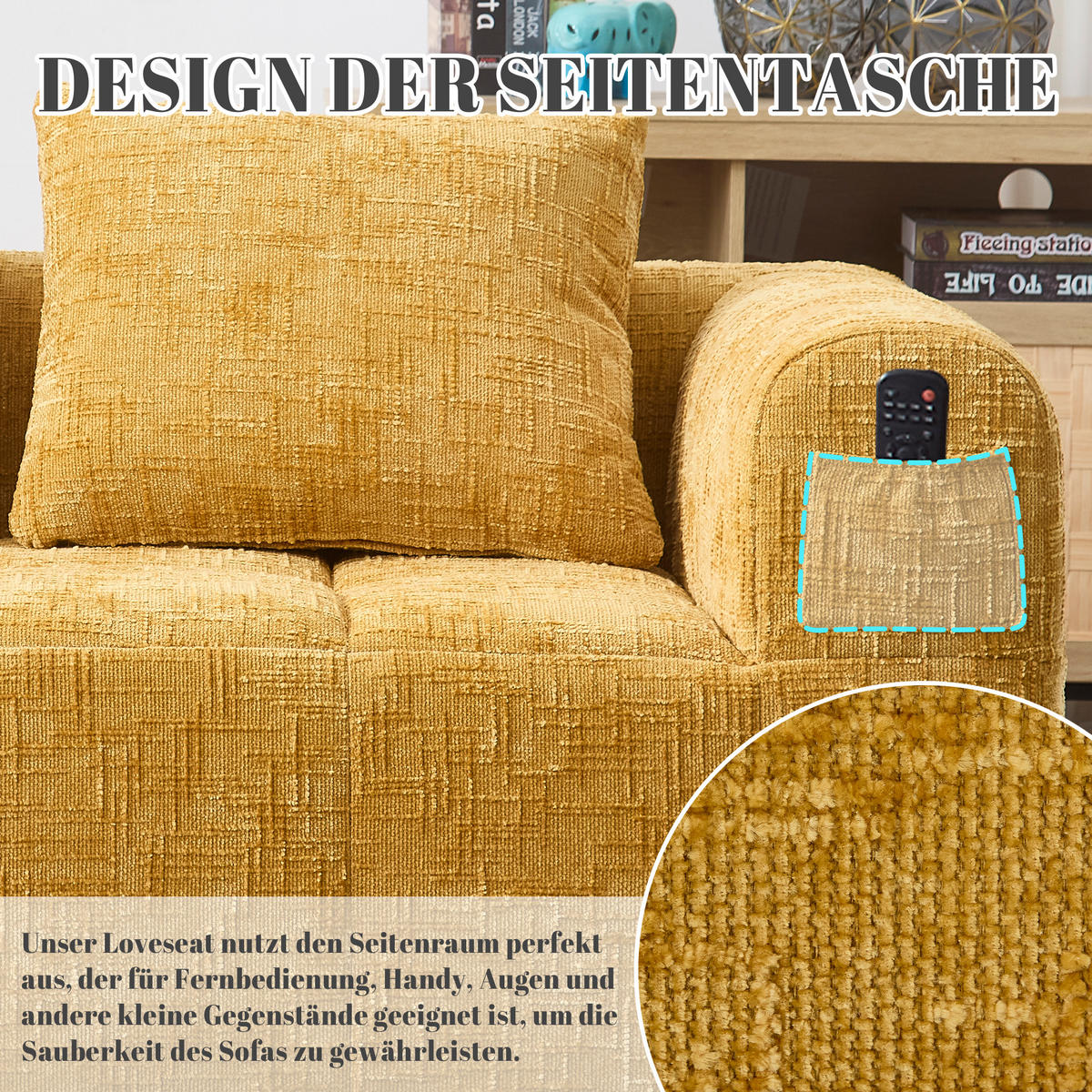 2-SITZER Sofa Chenille mit Chaiselongue und Seitentaschen 158/90/60 cm Gelb - Gelb, Textil (60/158/90cm) - Redom