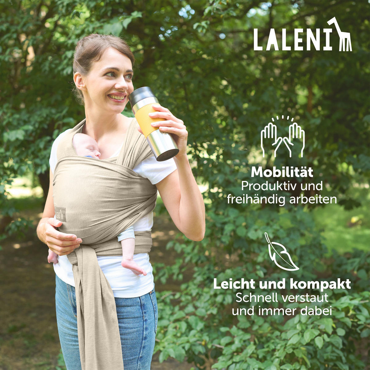 BABYTRAGEN für Neugeborene bis 15 kg - 100% Baumwolle (Ohne Elasthan) - Beige - Beige, Textil (60/5.1cm) - Laleni