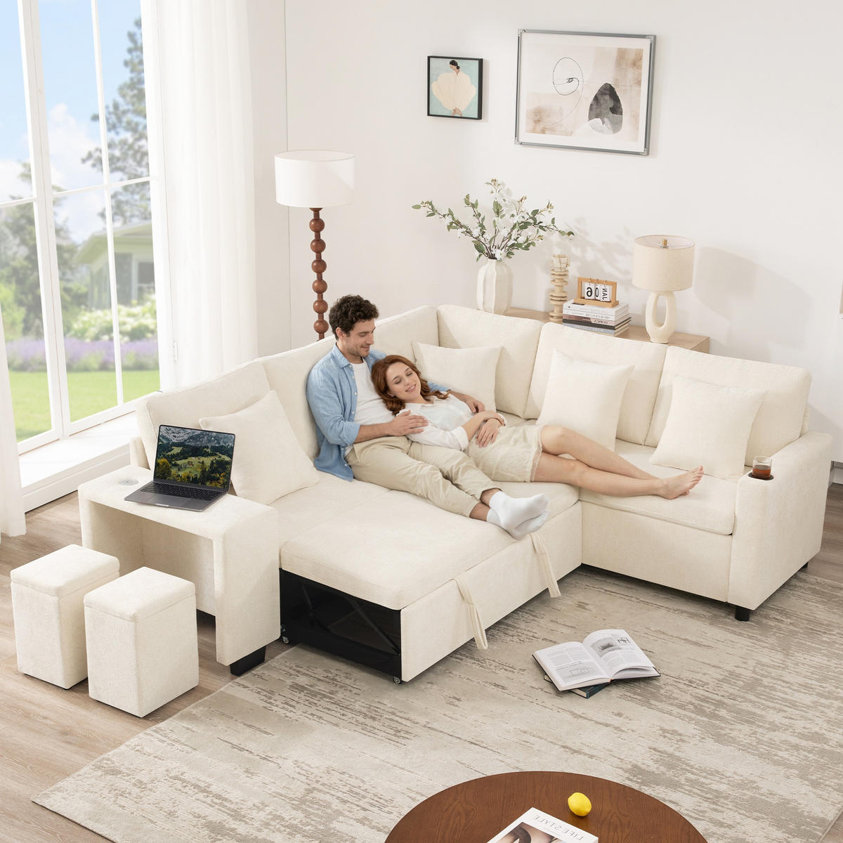 SCHLAFSOFA Beige L-Form USB Stauraum Getränkehalter Kissen - Beige, Textil (205/220cm) - FLIEKS