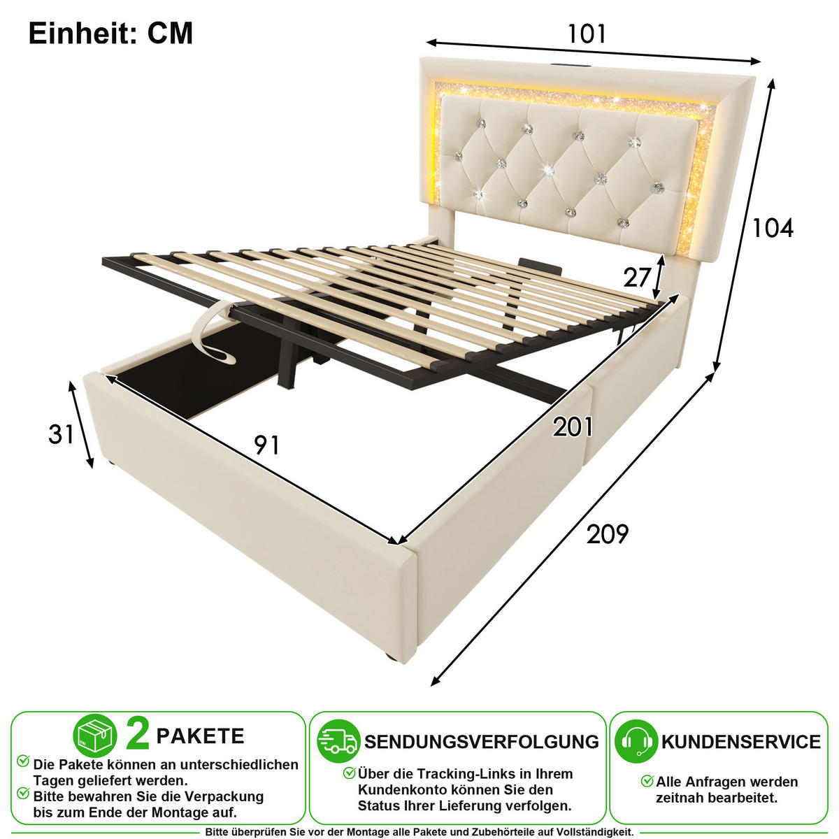 POLSTERBETT 90/200 cm in Beige Samt mit Bettkasten, LED und USB/Type-C - Beige, Holzwerkstoff/Textil (90/200cm) - CHICFURN
