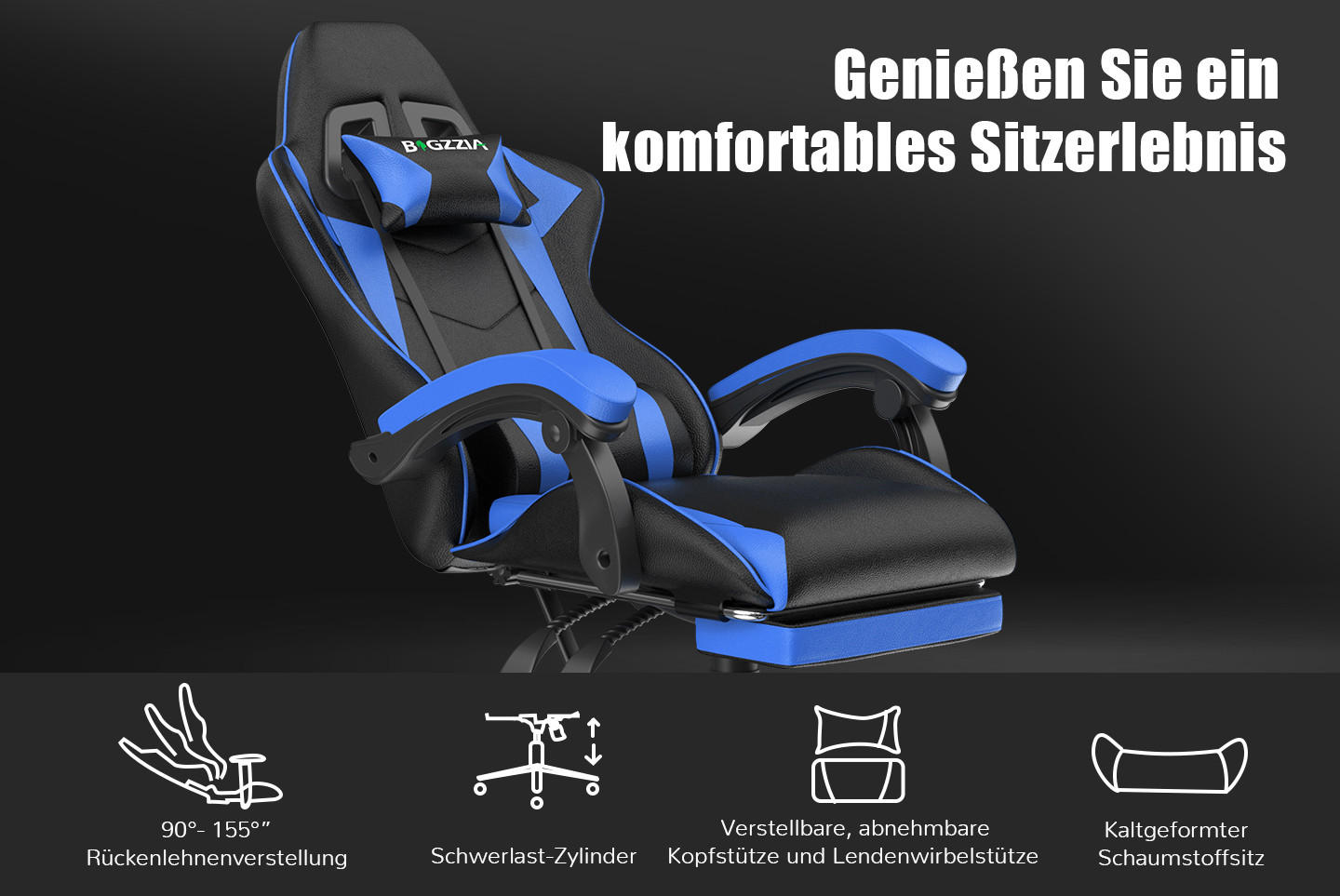 GAMING-STUHL höhenverstellbar, Fußstütze, Lendenkissen – Schwarz/Blau - Blau, Leder (50/134/50cm) - Rattantree