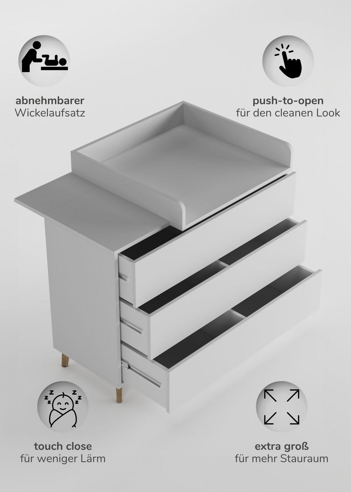 WICKELKOMMODE EDEN – Push-to-Open, Touch-Close, abnehmbarer Wickelaufsatz & Schubladen mit Fächern - weiß - Buchefarben/Weiß, Holzwerkstoff/Buchenholz (71/94/114cm) - Sämann – make a difference.