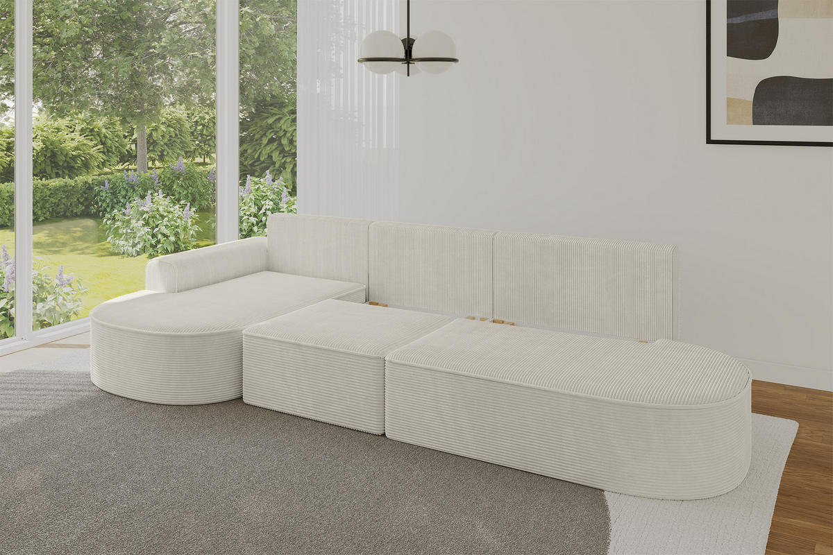 ECKSOFA mit Schlaffunktion Ottomane Links MARI L2-S 368X167X85 Creme Cord - Creme/Schwarz, Holzwerkstoff/Kunststoff (368/167cm) - ALTDECOR