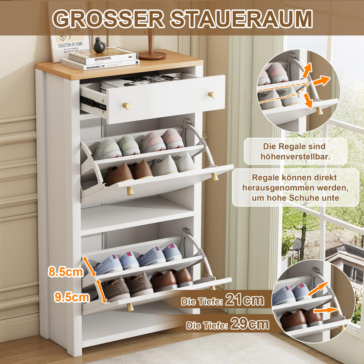 SCHUHKIPPER Weiß Holzoptik 2 Klappen Schublade Modern - Weiß, Holzwerkstoff (50/95/25cm) - FLIEKS
