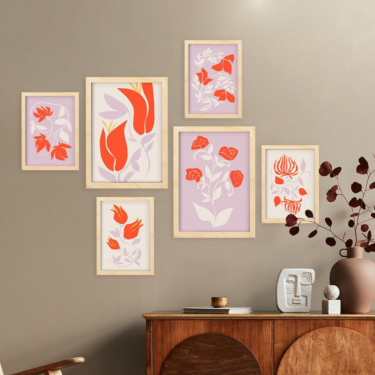 POSTER Set Mit 6 Großartige Blom In Blume Zusammenfassung Ästhetische Dekorative Gemälde Für Ihr Wohnzimmer Zuhause A3 & A4 Rahmen Aus Hellem Holz - Beige, Papier (29/3cm) - Nacnic