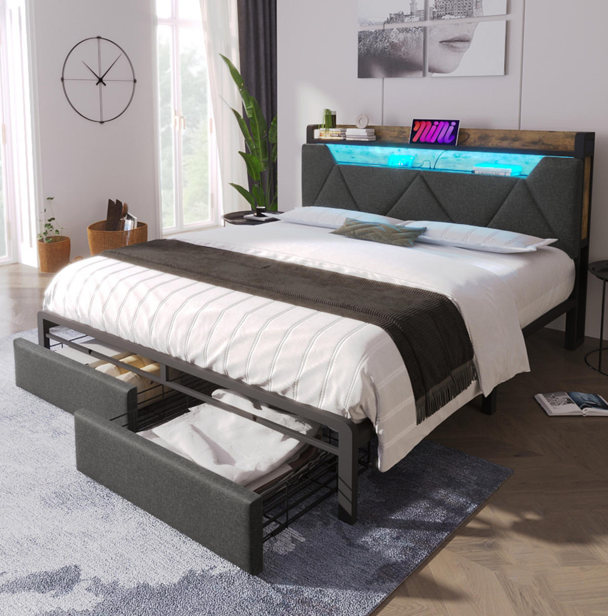 POLSTERBETT 160/200 cm mit LED, USB- und Typ-C-Anschluss, Stauraum-Kopfteil und 2 Schubladen, Grau - Grau, Textil (160/200cm) - Redom