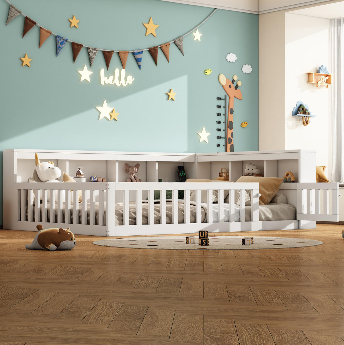 KINDERBETT aus Spanplatte & MDF 140x190 cm in Weiß mit Stauraum & USB - Weiß, Holzwerkstoff (140/190cm) - Modfu