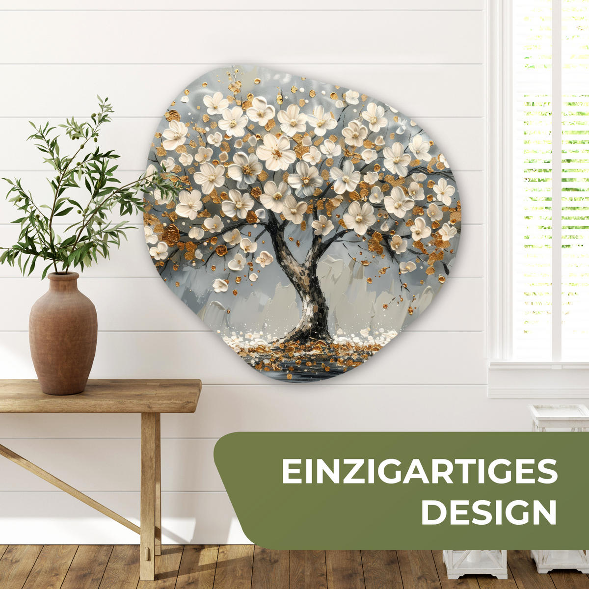 WANDBILD Baum - Gold - Blumen - Abstrakt - Kunst 90x90 cm - Goldfarben, Kunststoff (90/90cm) - MuchoWow