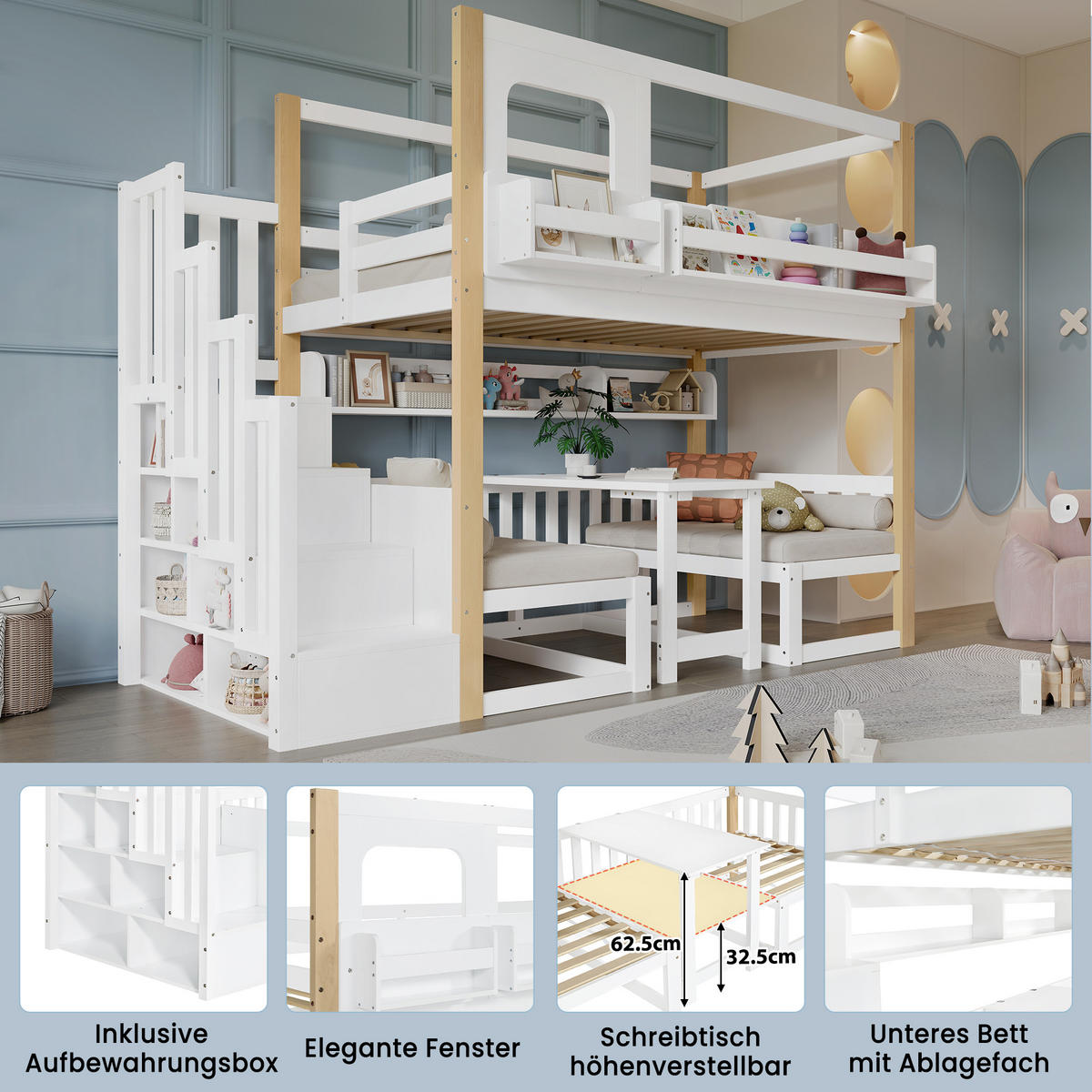ETAGENBETT 90/200 cm mit Klapptisch, Aufbewahrungstreppe und Bücherregal, Kiefer/MDF, Weiß/Natur - Weiß, Holz (90/200cm) - Redom
