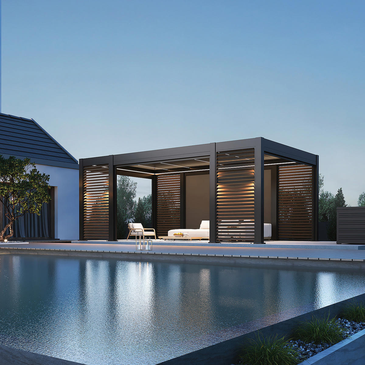 PERGOLA Prestige Pavillon Alu LED 3,6 x 6,57 M +4x Lamellenwand + 4x Sonnenrollo - Anthrazit, Metall (360/255/657cm) - WEIDE