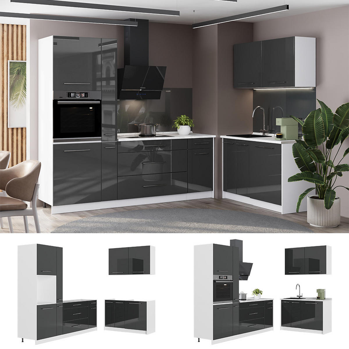 KUCHYNĚ Fame-Line, Antracitový vysoký lesk/Bílá, 220 x 120 cm, PD Mramor - bílá/vysoce lesklá černá, kompozitní dřevo (220/206.8/60cm) - Vicco