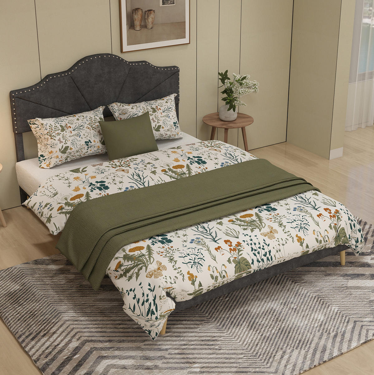 POSTEL 160/200 cm šedá z látky a kovu s geometrickým čelem a lamelovým roštem - šedá, textil (160/200cm) - OKWISH