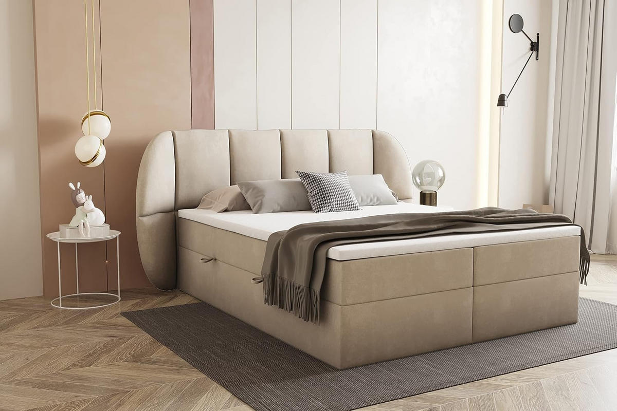 BOXBETT 160x200 cm, BILBAO, Elegant dekoratives Kopfteil, Mit Bettkasten und Taschenmatratze, Beige - Beige, Holzwerkstoff/Kunststoff (160/200cm) - Trada