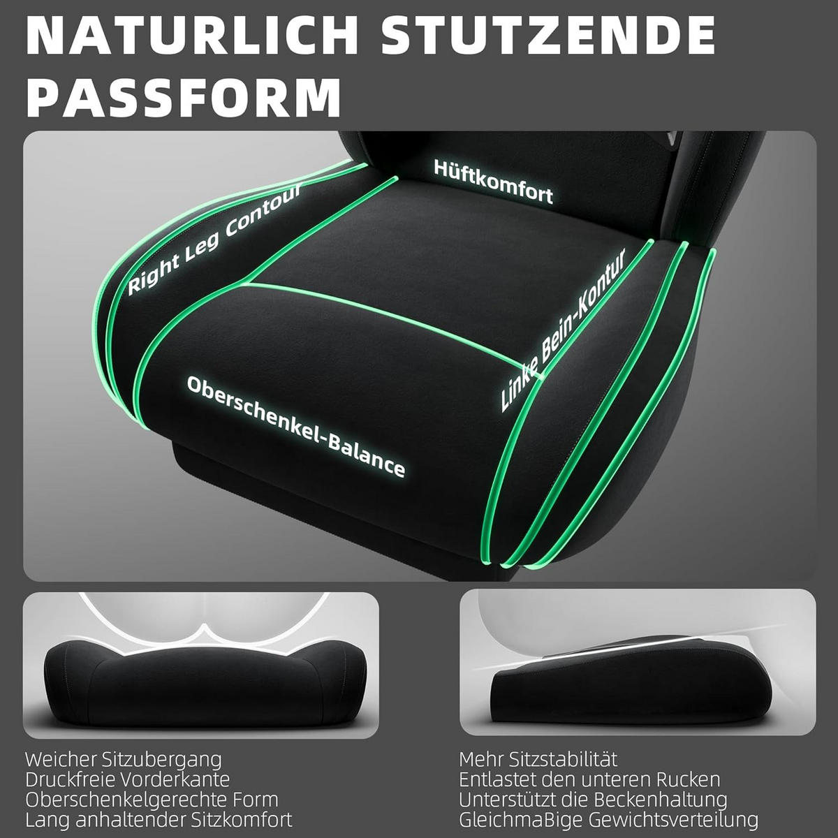 GAMING-STUHL Mikrofaser-Velours & Lendenkissen, Fußstütze 160° Neigbar - Schwarz, Leder (70/132/70cm)