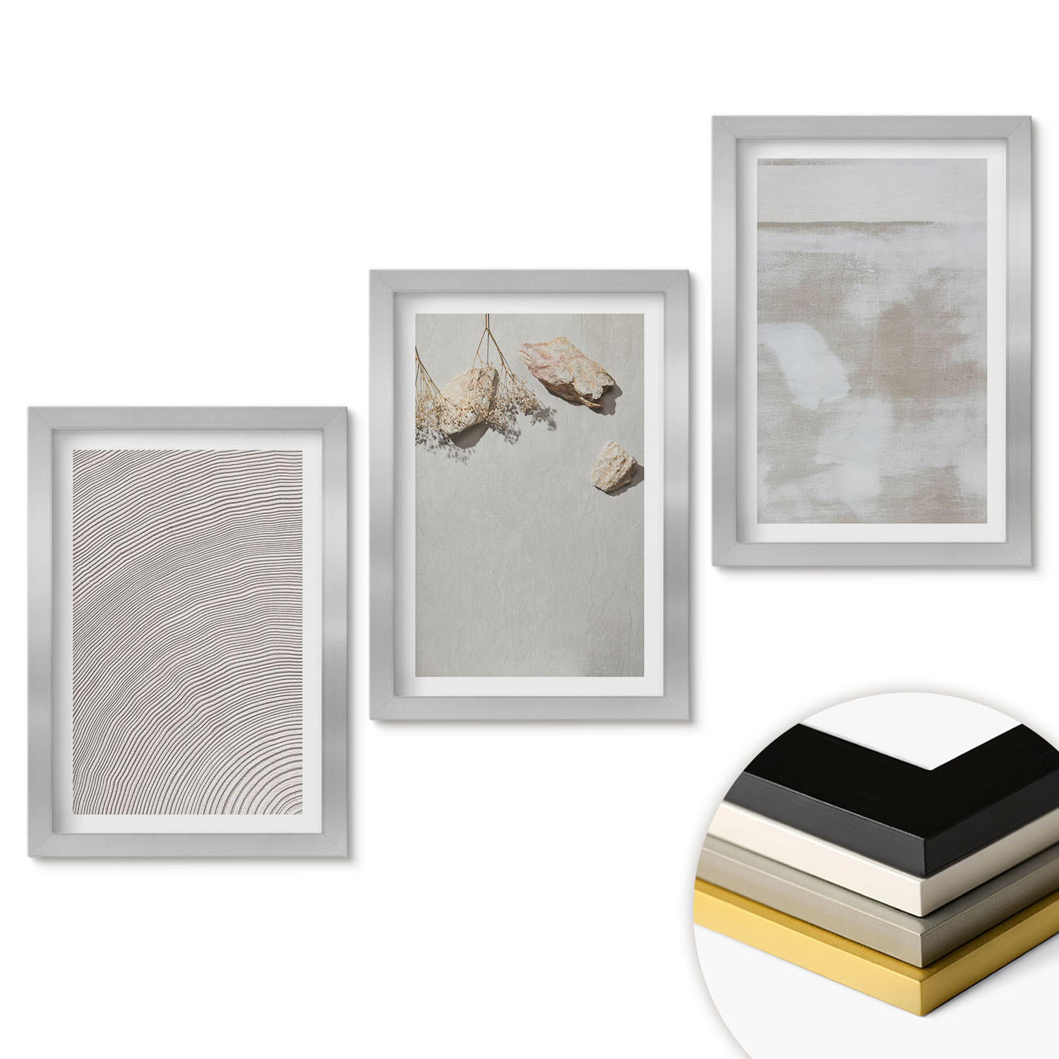 WANDBILDER 3er Set - 20x30 cm Silberner Rahmen - Boho-Textur aus Sandsteinen - Silberfarben, Kunststoff (20/30cm) - ArtPrintCave