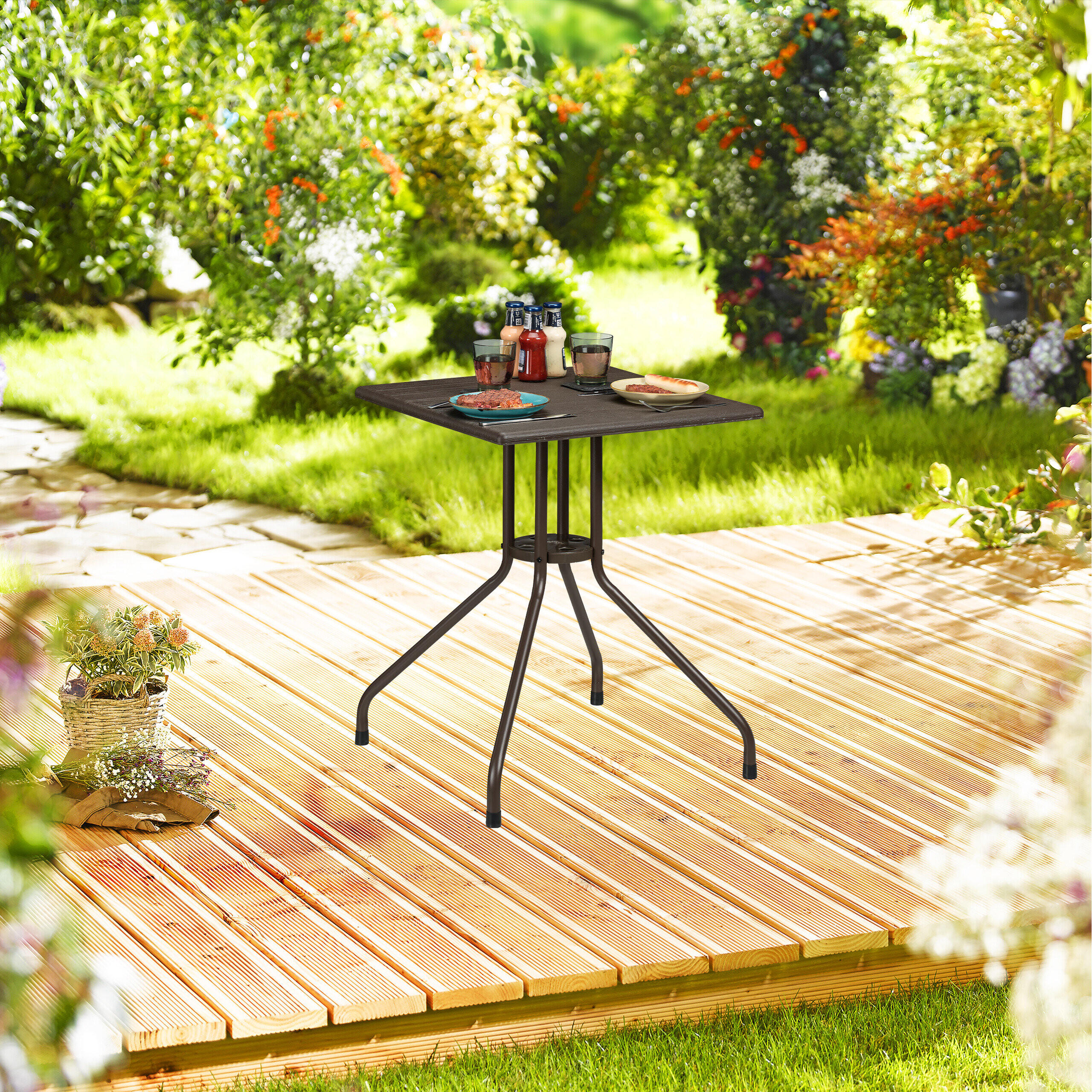GARTENTISCH - Braun, Kunststoff/Metall (61/61/75cm) - Relaxdays