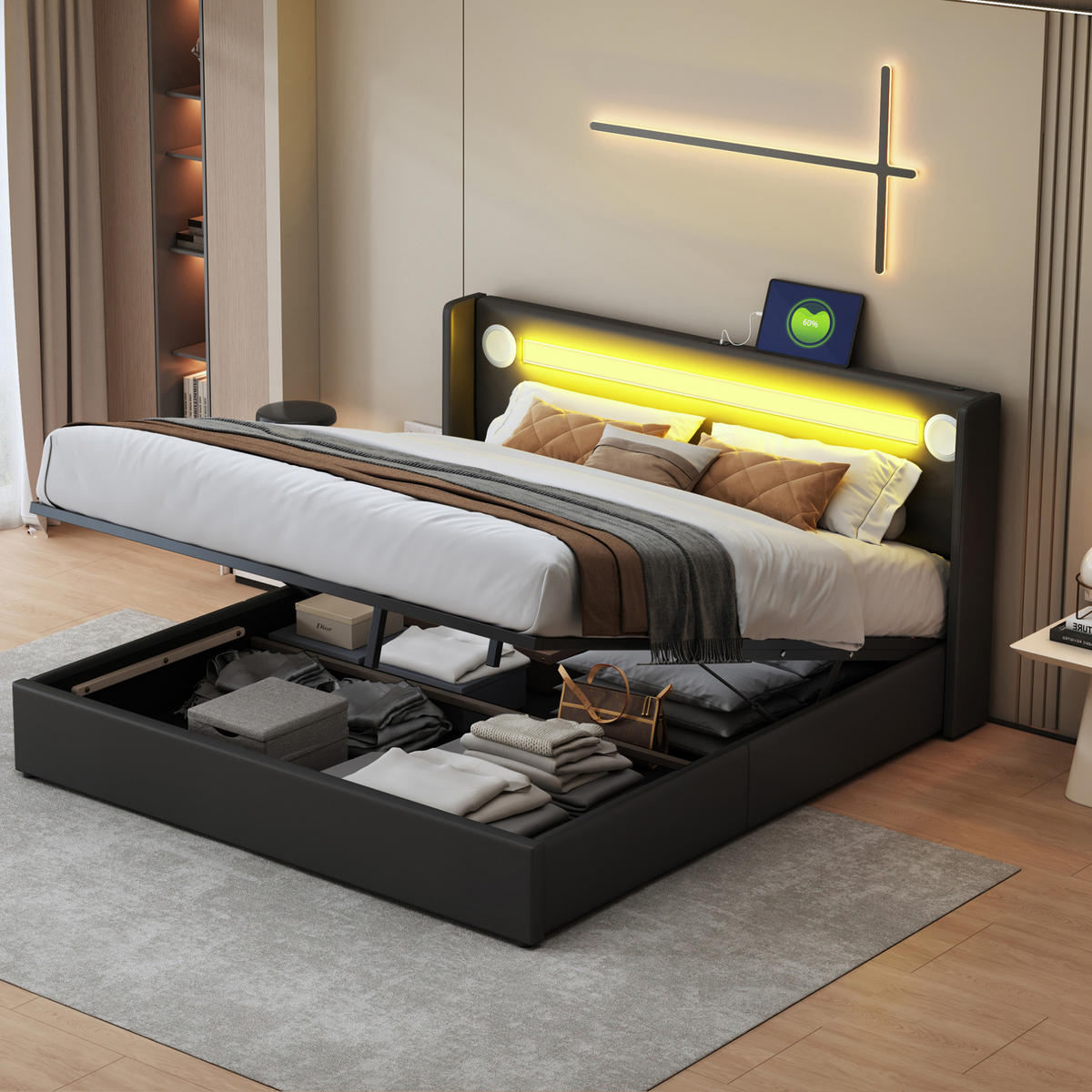 POLSTERBETT mit Stauraum 160x200 cm PU-Leder Schwarz mit LED Bluetooth/USB - Schwarz, Metall (160/200cm) - Meubliv