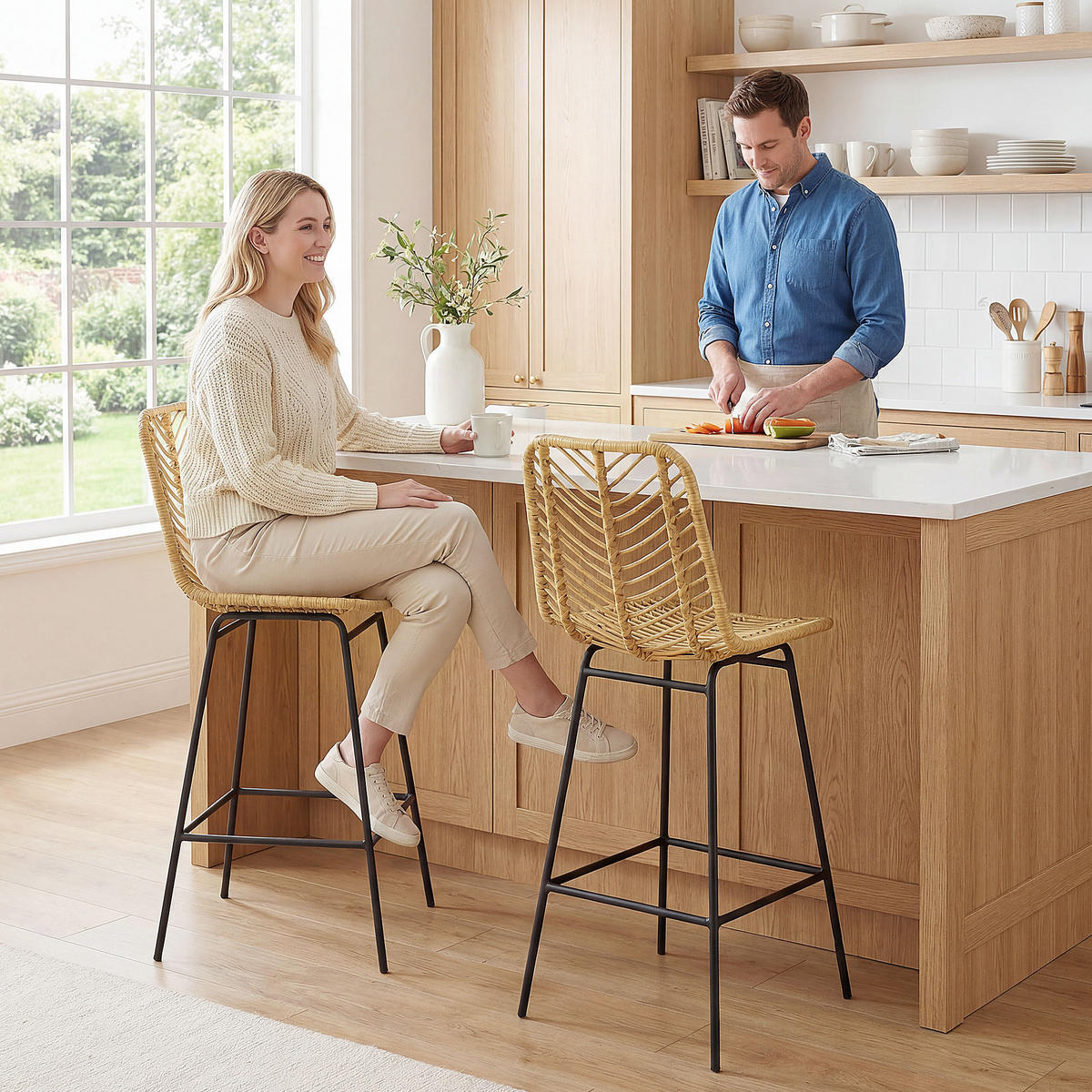 BARHOCKER 2er Set, Barstuhl mit Rattenoptik, Tresenhocker mit Rückenlehne Gelb - Gelb/Schwarz, Kunststoff/Metall (52/102/42.5cm) - HOMCOM