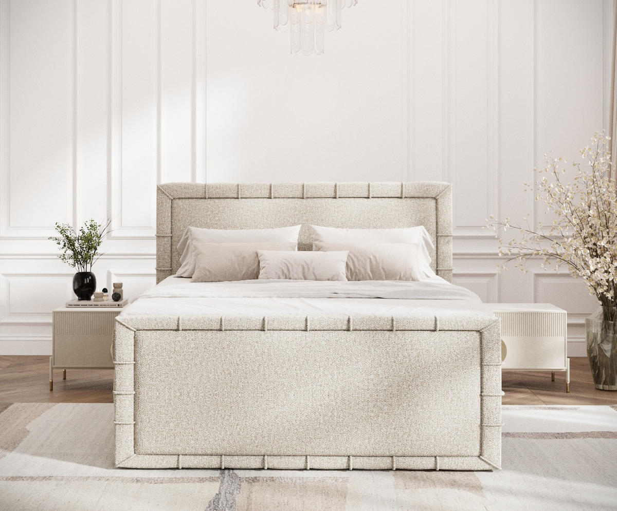 BOXBETT Estelle Beige 180/200 cm im Boucle-Stoff - Beige/Schwarz, Holz/Holzwerkstoff (180/200cm) - Maison de Reve