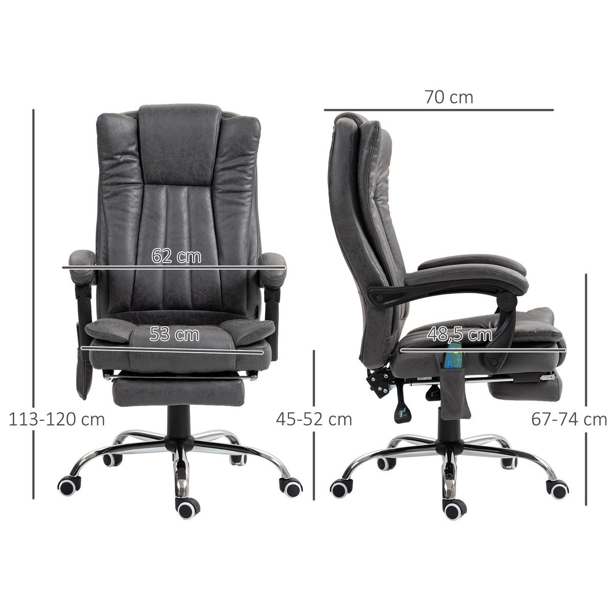 BÜROSTUHL mit Vibrationsmassage, Ergonomisch Schreibtischstuhl mit Liegefunktion - Grau, Kunststoff (70/120/62cm) - Vinsetto