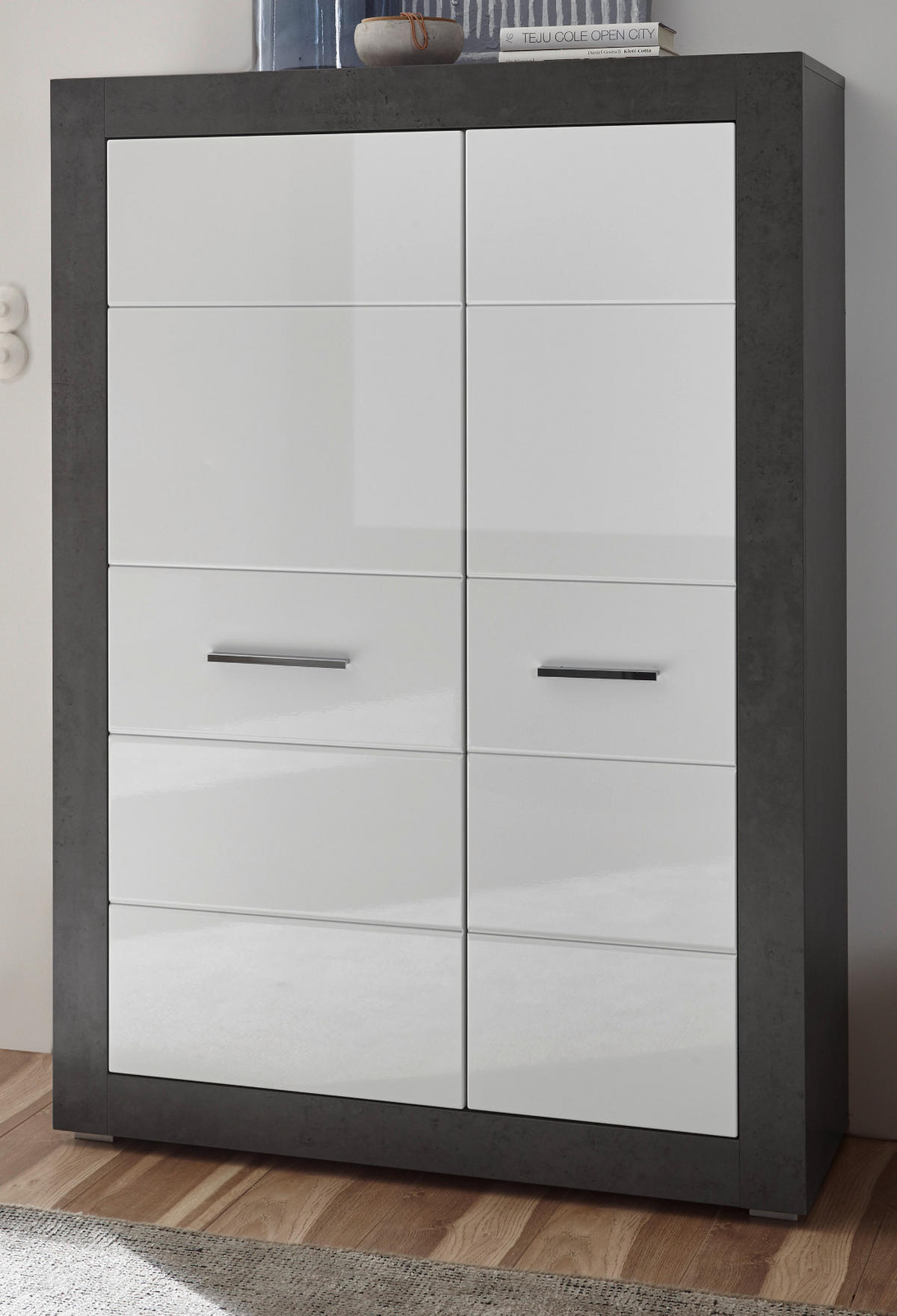 HIGHBOARD weiß Hochglanz, grau Stone 100 cm, Kommode mit 6 Fächern - Chromfarben/Weiß Hochglanz, Holzwerkstoff/Kunststoff (100/142/35cm) - Furn.Design
