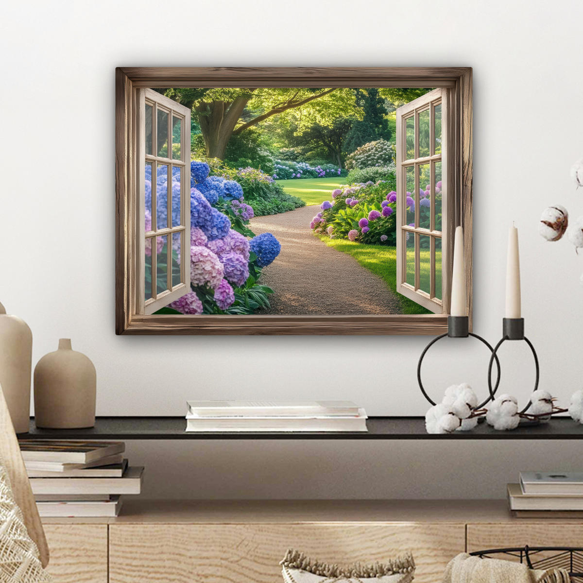 LEINWANDBILD Aussicht - Garten - Fenster - Hortensie - Blumen 40x30 cm - Pastellblau, Textil (40/30cm) - MuchoWow