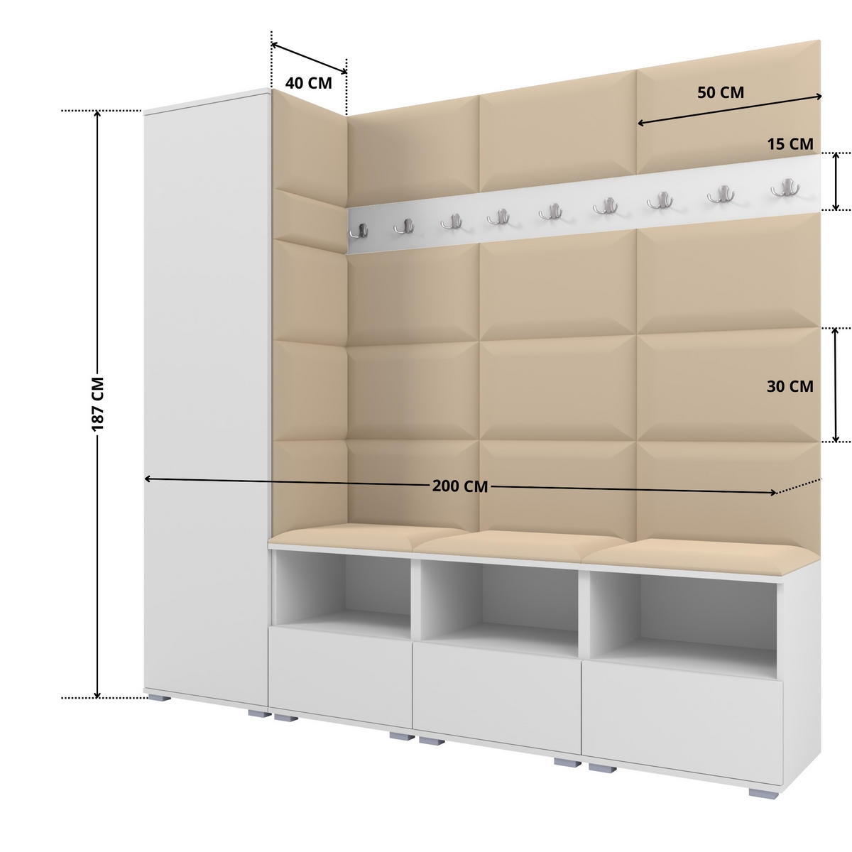 GARDEROBE NELA IX 200 cm (Modulare Flurmöbel Weiß mit Sitzpolster Beige 04 Breite Sitzbank) - Beige/Silberfarben, Holz/Holzwerkstoff (200/187/40cm) - Ravio