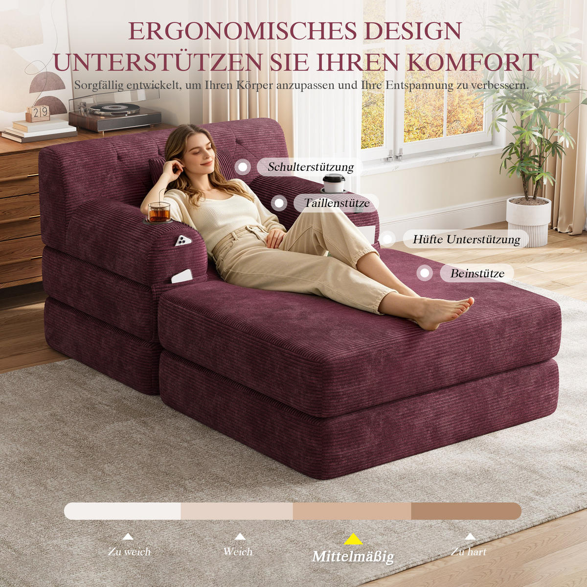 SCHLAFSOFA mit Hocker, Liegefunktion, Getränkehaltern und Seitentaschen in Weinrot aus Cord - Weinrot, Textil (191/60/162cm) - EVRYAE